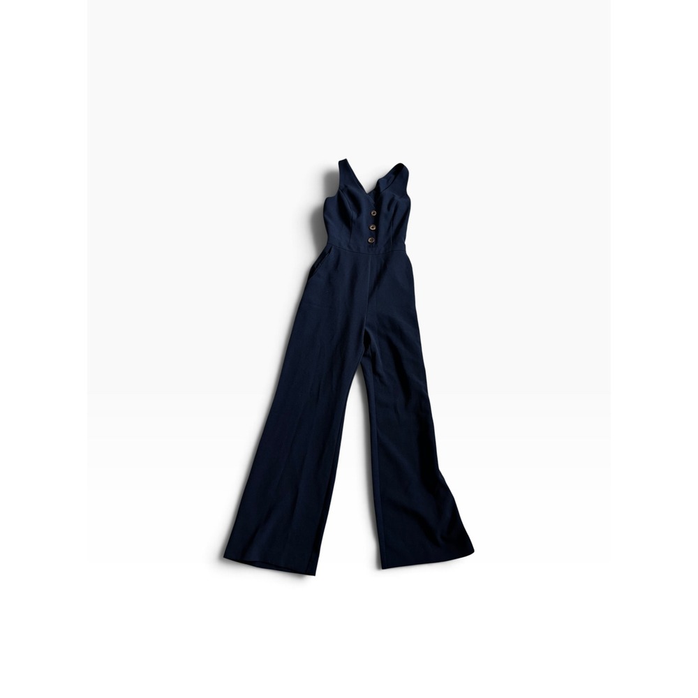 Chelsea28 Jumpsuit 2 Navy Blue Wide Leg V-Neck Sleeveless Button Front Office